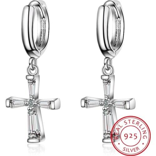 Real 925 Sterling Silver Small Loop Circle Cross Charm Drop Dangle Earrings For Women Girls Kids Children Men Jewelry Gift Aros