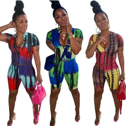 Casual 2PCS Tracksuits Floral Printed Short Sleeve Zipper Front Tee Crop Tops Knee-Length Slim Shorts Bodycon Tight Biker Shorts