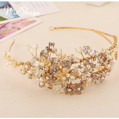 NiuShuya Baroque Vintage Gold Rhinestone Pearl Flower Crowns Handmade Tiara Headband Crystal Diadem Wedding Hair Accessories