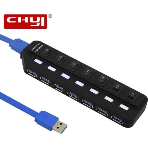 CHUYI High Speed 7Port USB3.0 Hub With AU/UK/EU/US Power Adapter Multi USB Splitter With LED ON/OFF Switch For Macbook Laptop PC
