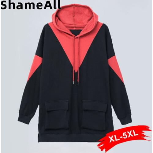 Plus Size Patchwork Big Pockets Hoodies Pullover 4XL Contrast Color Long Sleeve Loose Women Coats Aesthetic Designer Sweatshirt