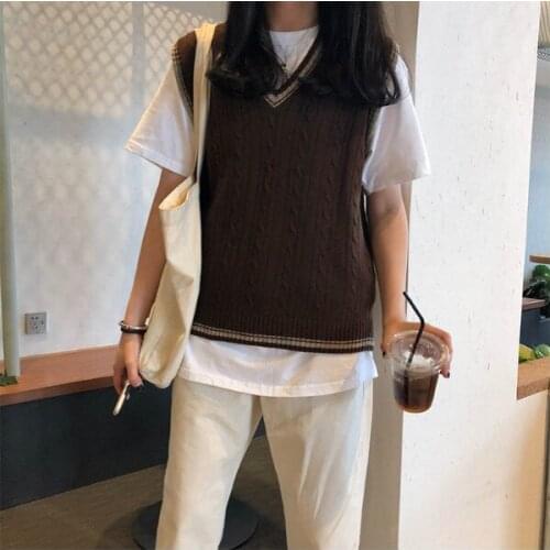 3 colors 2021 autumn and winter preppy style v neck knitted sleeveless vest sweaters womens pullovers womens