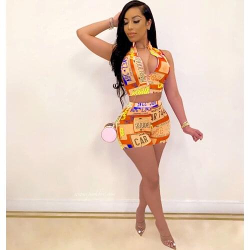 2021 Summer Casual Fashion Women Slimming Street Sexy Slim Sleeveless Personality Colorful Printed Vest Zipper Two Piece Set