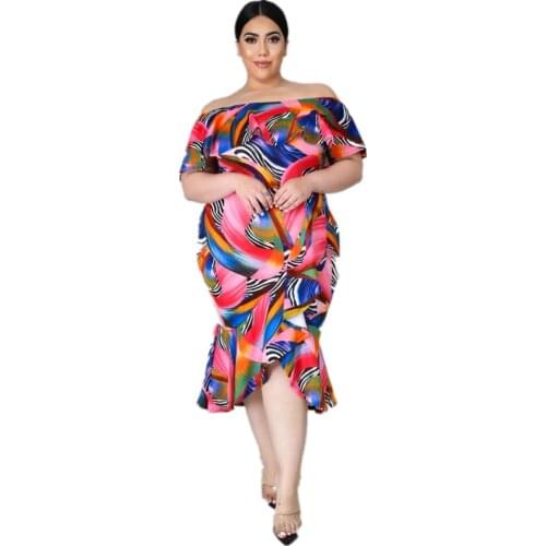 2021 New Summer Hot Sale European And American Style Plus Size Slash Neck Full MM Short Sleeve Ruffle Printed Dress For Women