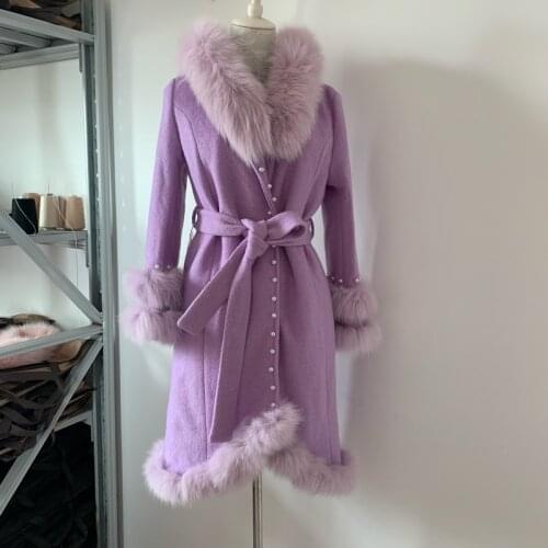 Winter fashion women woolen blends coat real fox fur collar cashmere coat female diamond beading slim outerwear F922