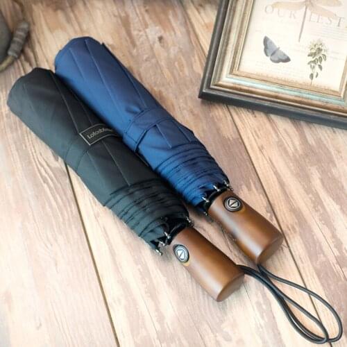 Automatic Umbrella Rain Women Luxury Wood Handle UV Protection Man Umbrella Women Strong Windproof Black Coating Parasol B65