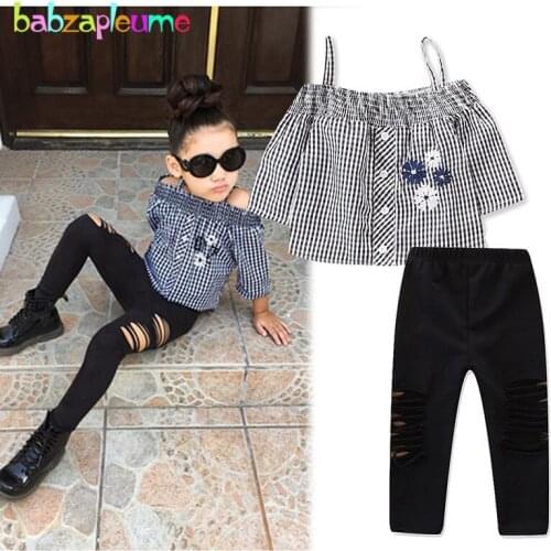 2Piece Spring Summer Kids Wear Fashion Clothes Children Clothing Set Casual Plaid T-shirt+Hole Pants Baby Girls Outfits BC1820-1