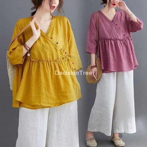 2021 chinese tops traditional style cheongsam flower print qipao cotton linen tang costume women female loose chiffon blouses