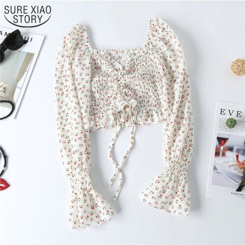 2021 New Short Design Navel Chiffon Shirt Design Square Collar Blouse Drawstring Super Fairy Sweet Floral Tops Women Blusa 10228