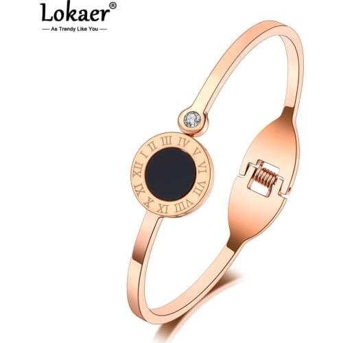 Lokaer Trendy Roman Numerals Charm Cuff Bangles For Women Rose Gold Rhinestone Titanium Stainless Steel Wedding Bracelets B20187