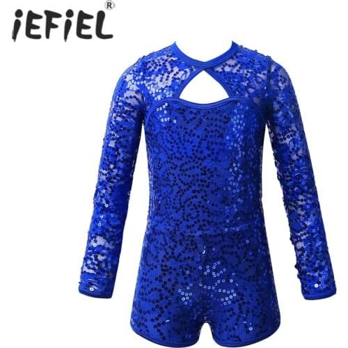 6-14Years Girls One Piece Gymnastics Leotard Long Sleeves Stretch Lace Sequins Ballerina Dancewear Ballet Dance Costume Jumpsuit