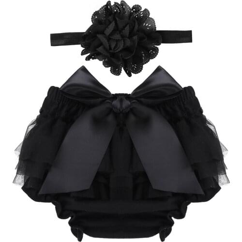 Oyolan Infant Baby Girls Tulle Ruffle Bowknot Bloomer Diaper Cover and Flower Headband Set Baby Photography Prop SZ 0-9 Months