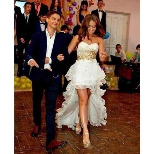 White front short and back long personalized bridal gown, ruffled bottom skirt, hand-stitched beaded mother dress