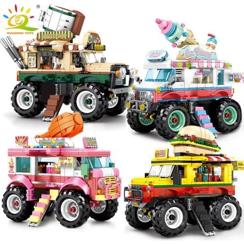 HUIQIBAO Street View Car Ice Cream Cart Burger Shop Building Blocks City Store Construction Bricks Educational Toys For Children