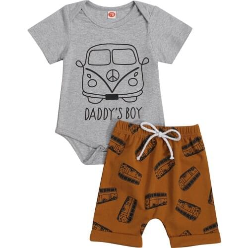FOCUSNORM 2Pcs Baby Boys Summer Tracksuit Clothes Sets Car Print Short Sleeves Romper + Elastic Waist Shorts 0-18 Months