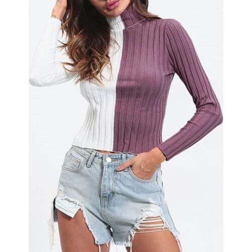 New Women Long Sleeve Turtleneck Patchwork Short T-Shirts Autumn Winter Casual Slim Sexy Ladies Pullovers Size S/M/L 6Q2457