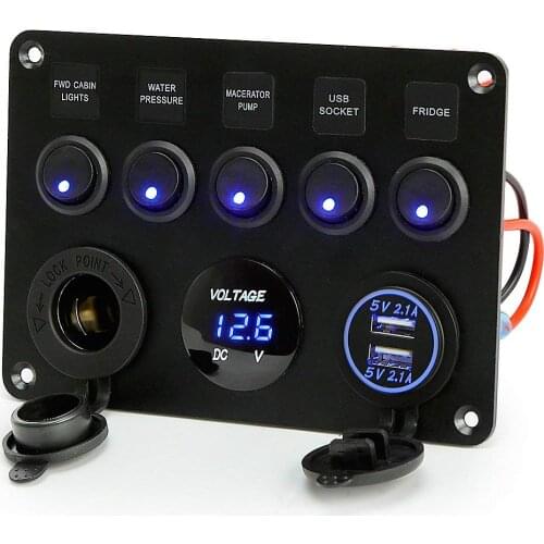 Boat Switch Panel Car Switch Panel Waterproof Dual USB Port Digital Voltmeter 12V Outlet Combination 5 Gang Marine LED Rocker