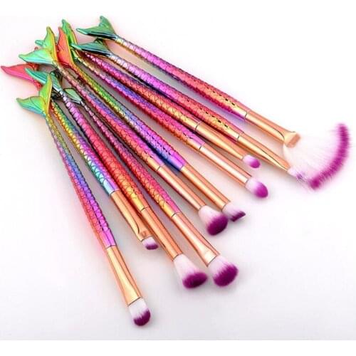 SAIANTTH 10pcs Mermaid Eye Makeup Brushes Set Fan Shape Beauty Cosmetic Tool Eyeshadow Eyeliner Eyebrow Lip Brush Kit Highlight
