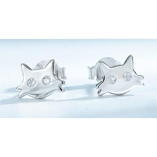 Real 925 Sterling Silver Earrings Cat Lovely Animal Fashion Clear Zircon Stud Earrings For Women Korean Trendy Fine Jewelry