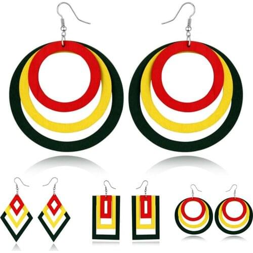 1Pair Indian Big Hollow Geometric Africa Natural Wood Wooden Round Circle Rectangle Multilayer Square Drop Earrings Girls Women
