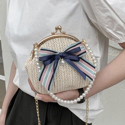 Pearl Beaded And Bow Design Straw Crossbody Shell Bags For Women Summer Woven Beach Chain Shoulder Bags Ladies Handbags