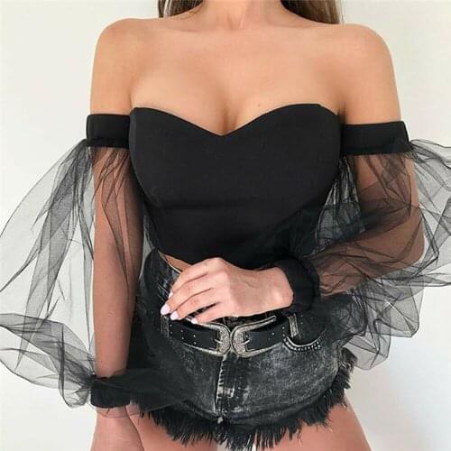 HOT Fashion Solid Slim Women Sexy Off Shoulder Puff Sleeve V Neck Crop Tops Fashion Ladies Bubble Sleeve Blouse