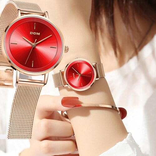 Japan Quartz Movement DOM Watch Women Stainless Steel Mesh Waterproof Ladies Watches 32mm Red relogio feminino 2020 Dropshipping