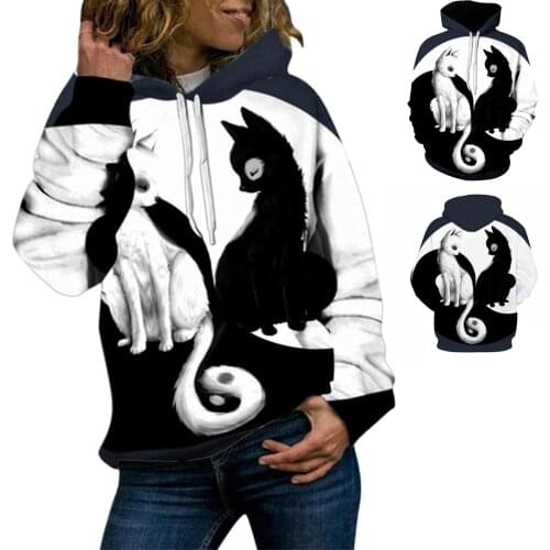 Womens Hoodie comfortable and warm Cat Pattern 3D Digital Printing Sweater among us hoodie Black and white cat pattern Cool F4