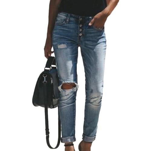 Women High Waist Ripped Denim Jeans Femme Skinny Pencil Pants Hole Ripped Denim Casual Stretch Skinny Trousers 2021 Distressed