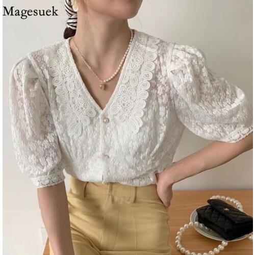 Korean Fashion 2021 Summer Blouses for Women V-neck Lace Floral Bubble Short Sleeve Women Tops Slim Jacquard Chiffon Shirt 15119