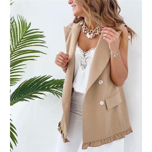 Nice Casual Woman Solid Ruffles Blazer Vest New Spring Elegant Female Button Sleeveless Outwear Ladies Chic Basic Tank