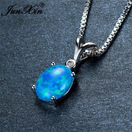 Rainbow Oval Stone Pendant Blue White Purple Fire Opal Necklaces For Women White Gold Mystic Birthstone Wedding Choker Jewelry