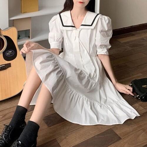 2021 Summer Solid Puff Sleeve Preppy Style Dress Women Harajuku Sailor Collar Kawaii High Waist Loose Japanese JK Dress