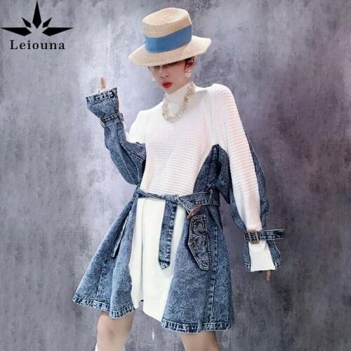 Leiouna Long Sleeve Turtleneck Spring New Patchwork Denim Knitted Female Hepburn Women Turtleneck High Waist With Sashes Dresses