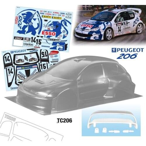 1/10 Rc Cars Peugeot 206 Clear Body + 3D Tail Wing + Rear View Mirror + Sticker Decals For Tamiya TA-03 Rc Rally Car Model