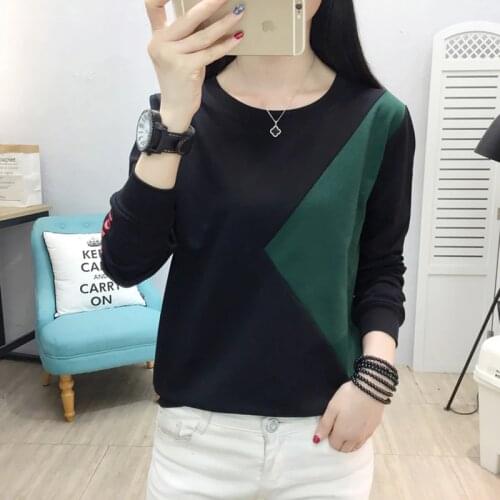 2020 Patchwork Long Sleeve T-shirt Women Casual Loose Basic Tees Women Knitted Cotton Tee Shirt Female Korean Tops Harajuku