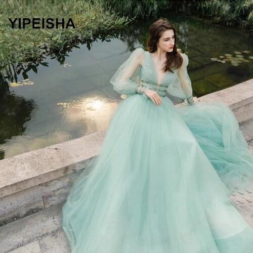 2021 Light Green A Line Tulle Prom Dresses Puffy Long Sleeves Deep V Neck Waist Band Elegant Evening Gowns