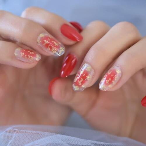 Red Medium Fingernails Gold Powder Oval Reusable Designed False Nails Glossy Full Cover Press On Nails