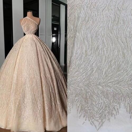 5yards/pc) High grade embroidered tulle lace African French net lace fabric with beads and sequins for wedding dress FRX015