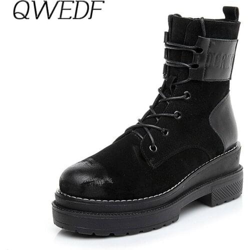 QWEDF New Shoes Women Fashion Brand Shoes Boots Lady Real Leather Cross-tied Ankle chaussure Girls footware Increased K1-64
