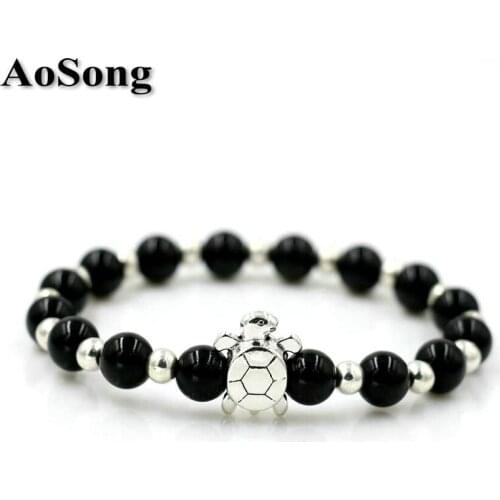 BPPCCR Natural Black onyx Lava stone 8mm with 5mm Alloy Beads Men turtle Tortoise Chakra Bracelet Animal Luxury Jewelry