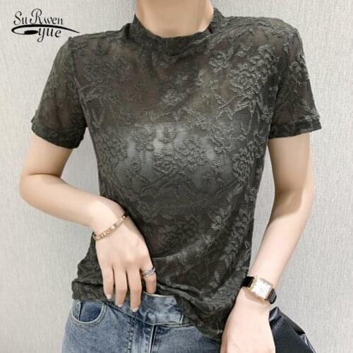 Korean Fashion Clothing Slim Short Sleeve Lace Blouse Hollow Out Shirt Female Vintage Summer Tops Streetwear Blusas 9890