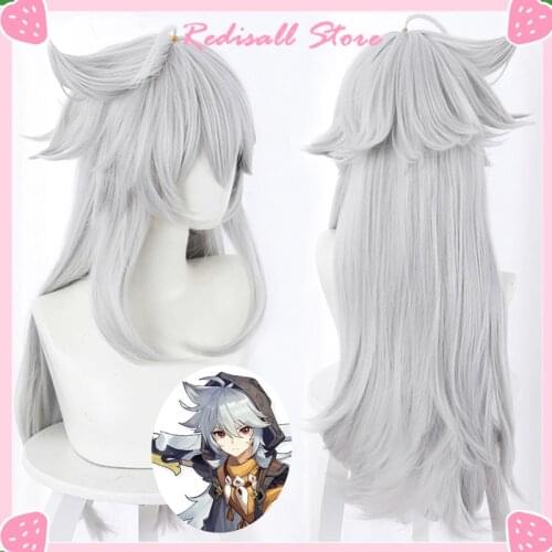 Genshin Impact Cosplay Razor Wig Sliver Gray Synthetic Hair Long Wavy Straight Heat Resistant Adult Role Play Halloween Free Cap