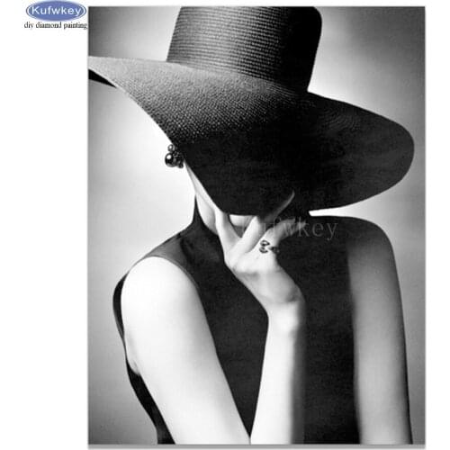 Full diamond embroidery Woman wearing hat 5d cross stitch diy Mosaic wallpaper room decoration Diamond Painting black white art