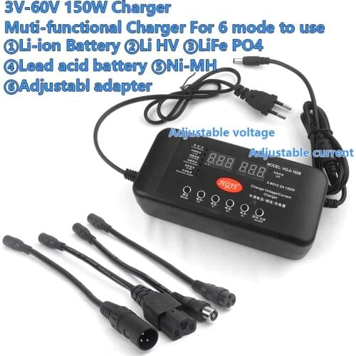 Adjustable Power Adapter Charger 3V-60V 150W 18650 Battery 7.2V 12.6v 16.8v Charger for12V24V36V 48V 20Ah with 3-Pin XLR/RCA