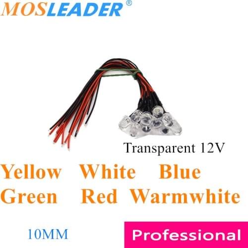 Mosleader 500pcs 10MM 12V LED with wire 20CM Yellow White Blue Green Red Warmwhite Transparent Prewired Emitting Diode Light