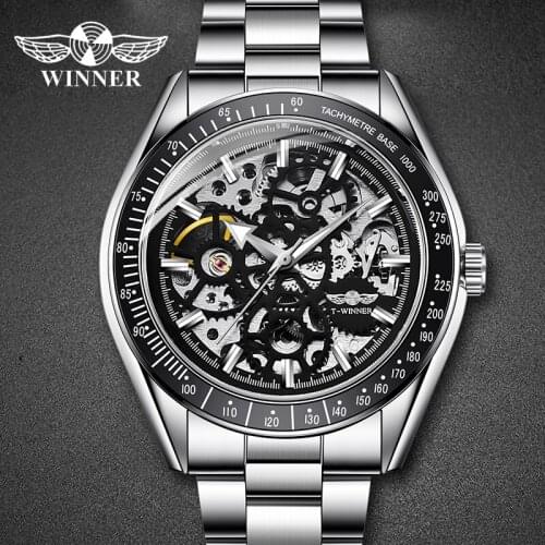 WINNER 2020 Top Fashion Clocks Mechanical Watch Stainless Steel Mens Watch Relogio Masculino Silver Black Business Men Watches