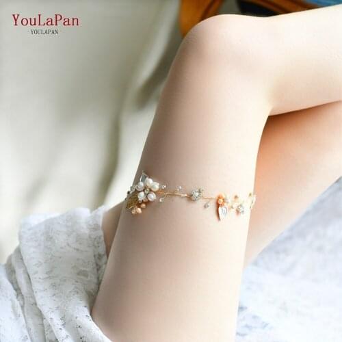 YouLaPan HT01-G Sexy Pearl Bridal Leg Band Crystal Leg Strap Women Thigh Ring Set Wedding Prom Bridal Decoration Golden Chain