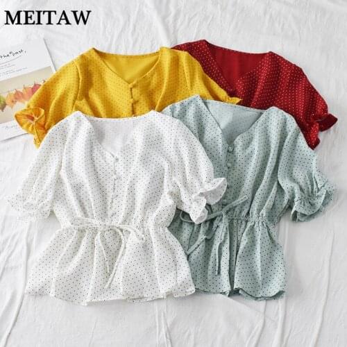 Elegant Vintage Ruffle Shirts Women Spring Dot Print Blouses 2021 Summer Casual V-Neck Short Sleeve Lace-Up Tops