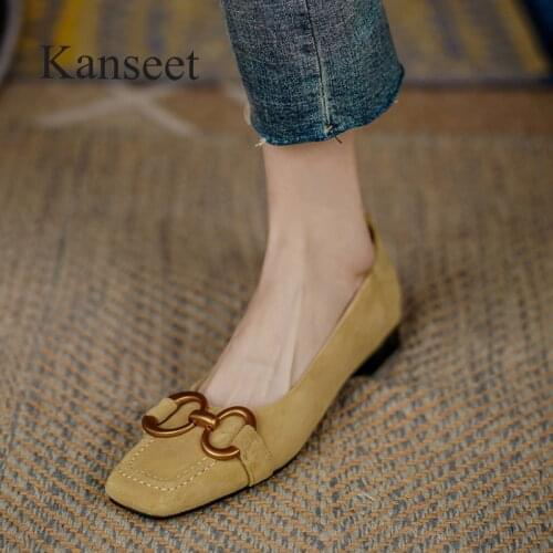 Kanseet Square Toe Genuine Leather Woman Pumps 2021 Autumn Fashion Metal Decoration Handmade Shallow Low Heels Shoes Apricot